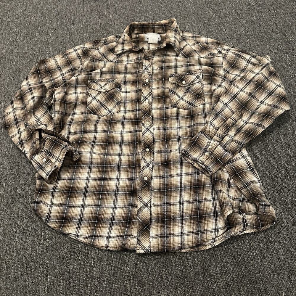 Wrangler Western Style Shirt Size XL Pearl Snap Brown Plaid Button Down